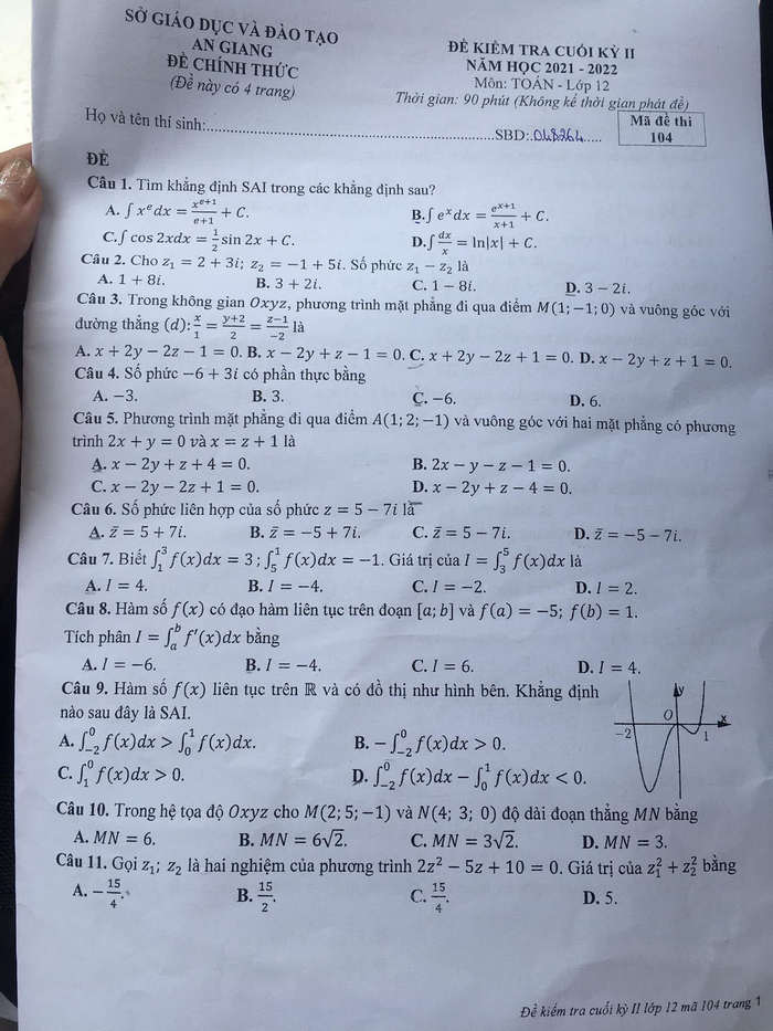 De thi ki 2 mon Toan 12 So GD va DT An Giang nam 2021 - 2022