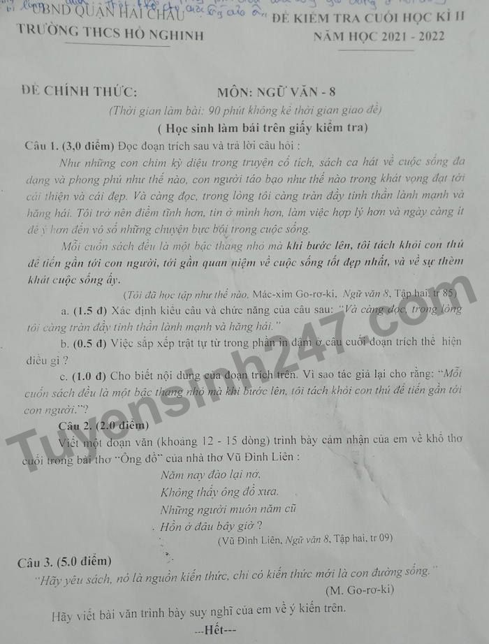 De thi ki 2 mon Van lop 8 Truong THCS Ho Nghinh nam 2022