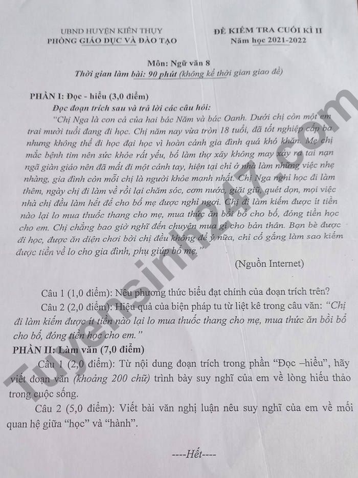 De thi ki 2 Huyen Kien Thuy 2022 mon Van lop 8