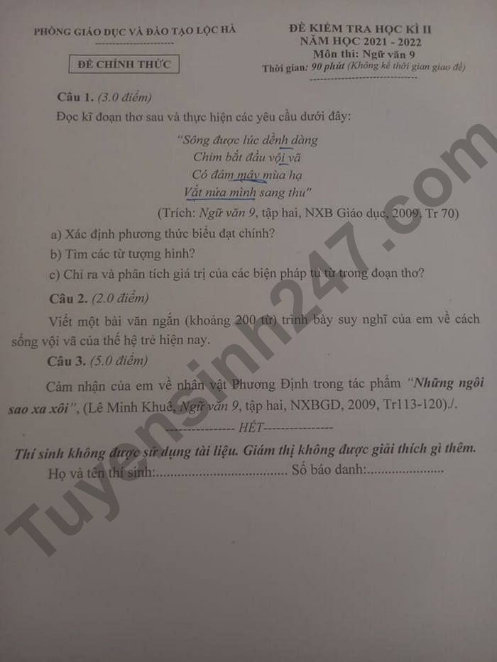 De thi ki 2 Huyen Loc Ha mon Van lop 9 2022