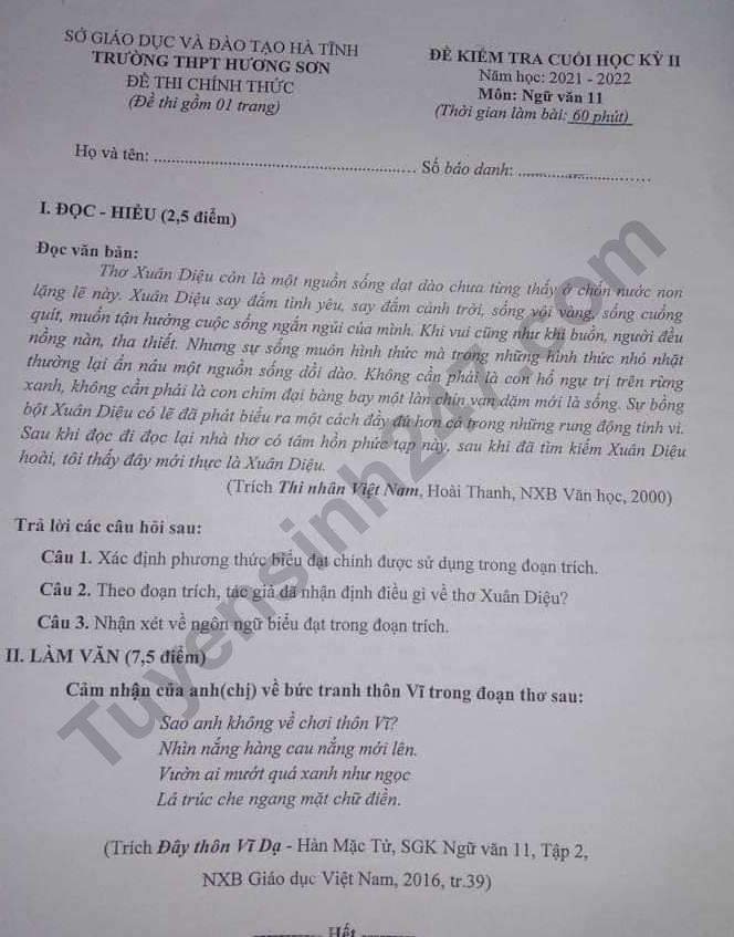 De thi ki 2 lop 11 mon Van - THPT Huong Son 2022