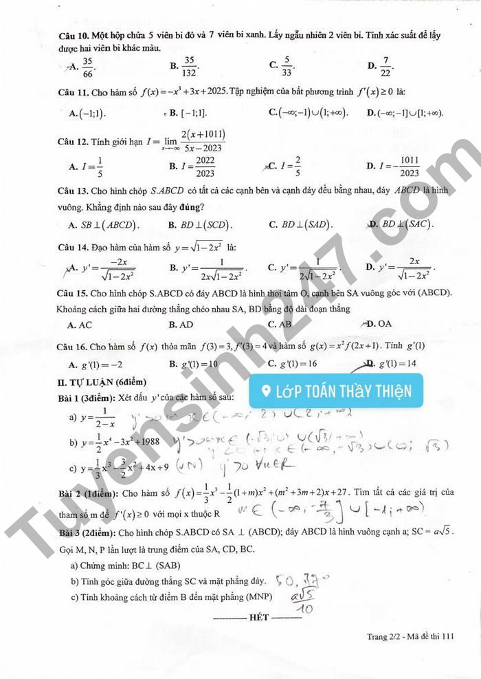 De thi ki 2 mon Toan lop 11 THPT Nguyen Cong Tru 2022