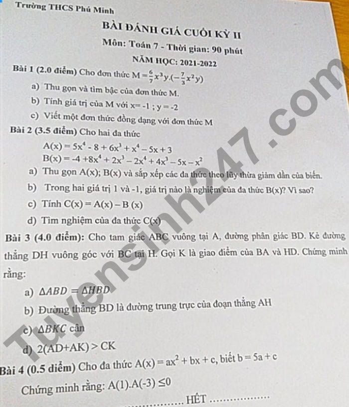 De thi ki 2 THCS Phu Minh lop 7 2022 mon Toan