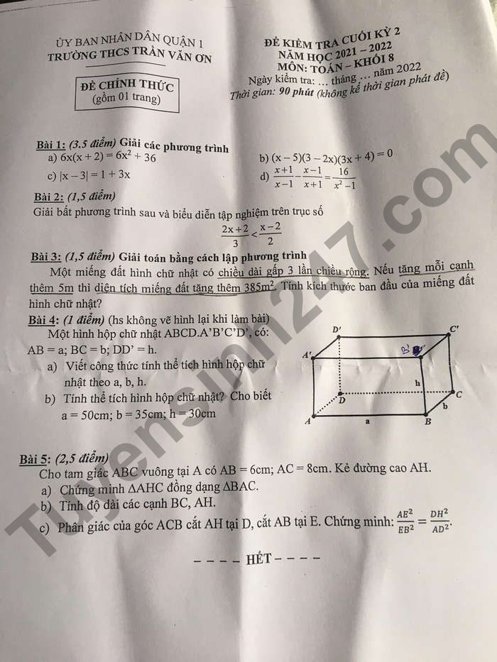 De thi ki 2 mon Toan lop 8 THCS Tran Van On 2022