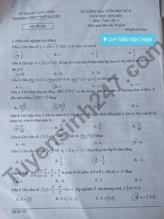De thi ki 2 lop 11 mon Toan 2022 THPT Ngo Quyen
