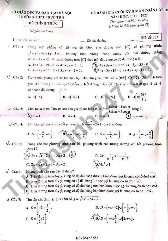De thi ki 2 mon Toan THPT Phuc Tho lop 10 2022