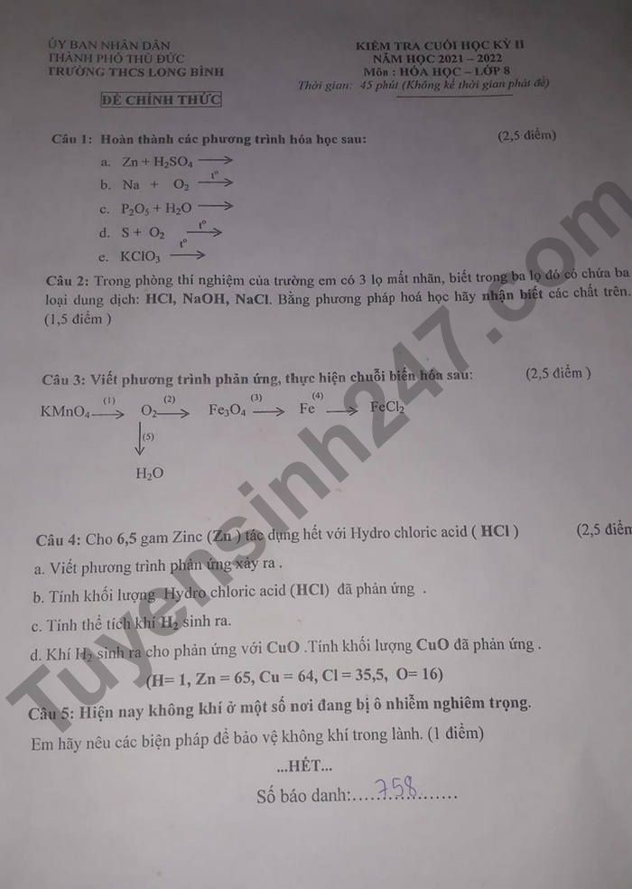 De thi ki 2 lop 8 mon Hoa THCS Long Dinh 2022