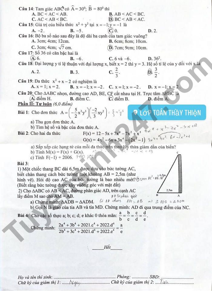 De thi ki 2 THCS Luong The Vinh mon Toan lop 7 2022