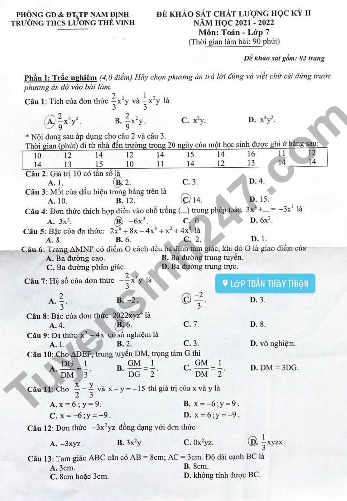 De thi ki 2 THCS Luong The Vinh mon Toan lop 7 2022
