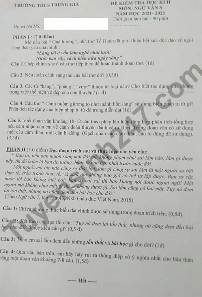 De thi ki 2 THCS Trung Gia lop 8 mon Van 2022