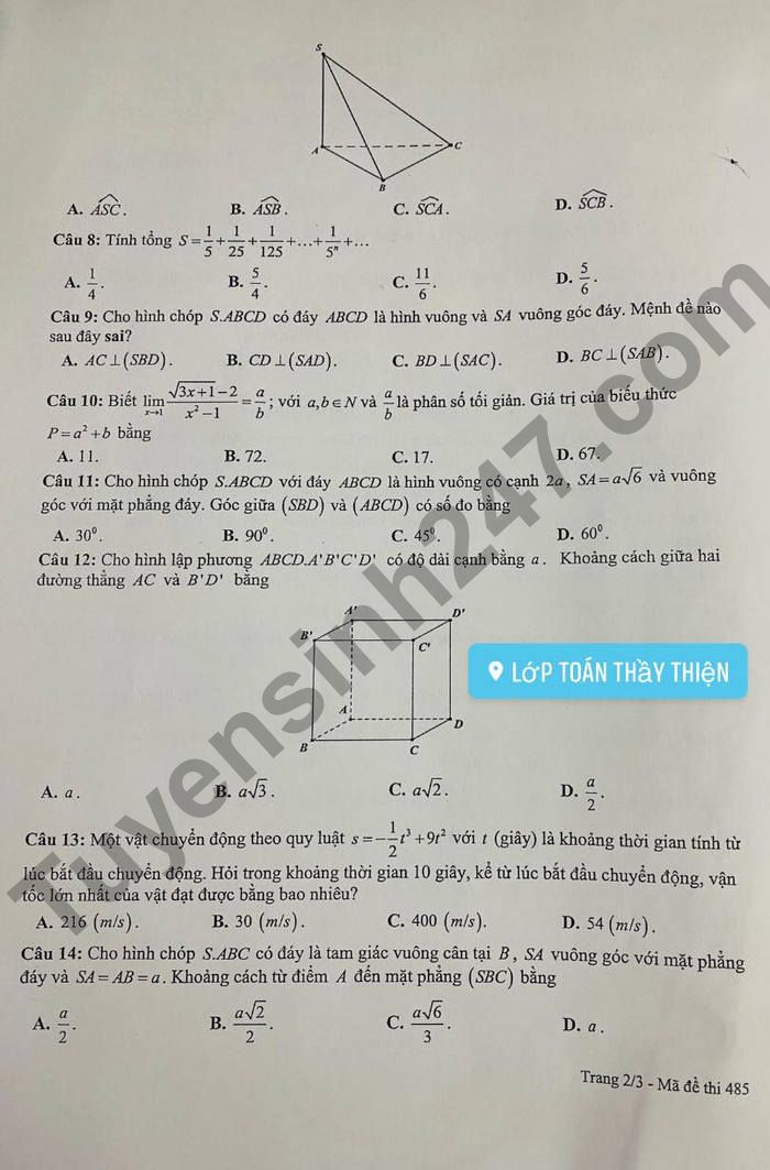 De thi ki 2 THPT Tran Hung Dao lop 11 mon Toan 2022