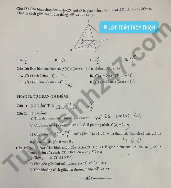 De thi ki 2 THPT Tran Hung Dao lop 11 mon Toan 2022