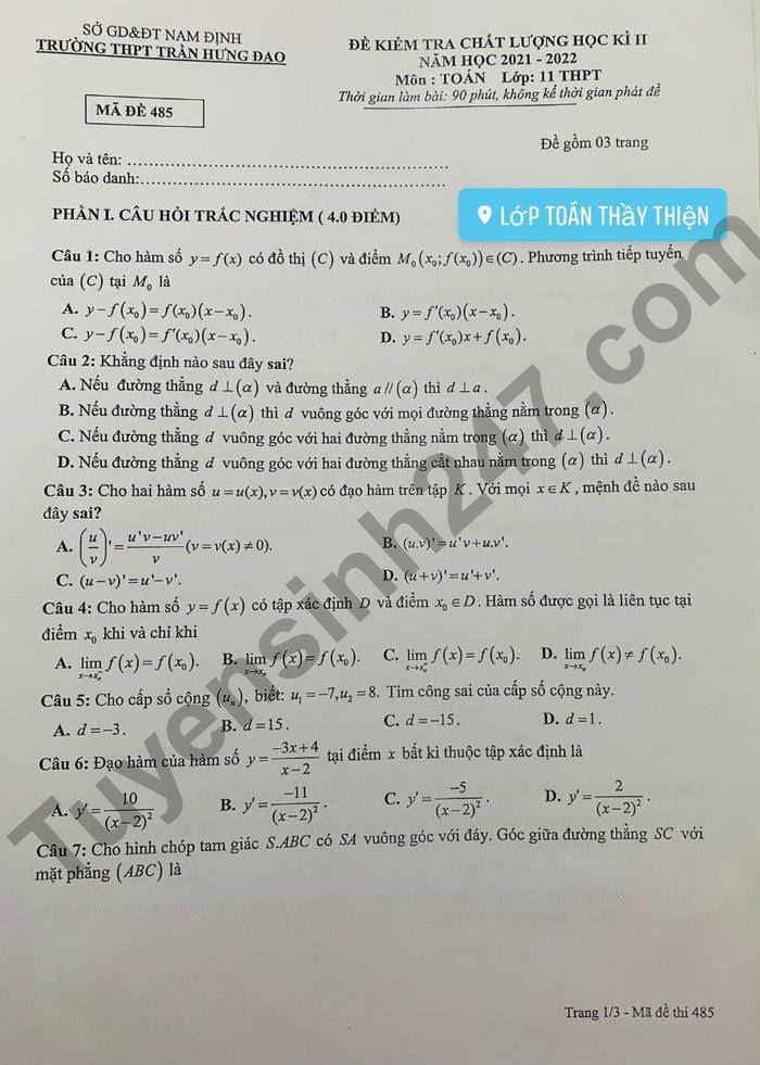 De thi ki 2 THPT Tran Hung Dao lop 11 mon Toan 2022