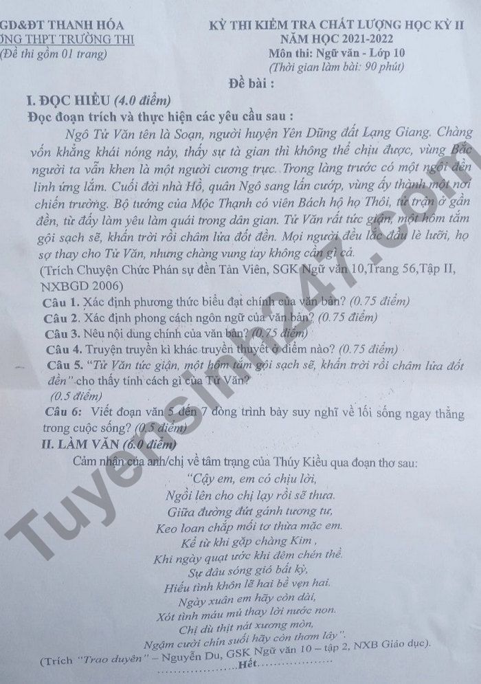 De thi ki 2 lop 10 mon Van 2022 THPT Truong Thi