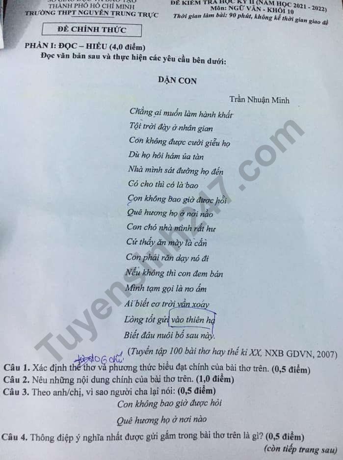 De ki 2 mon Van lop 10 - THPT Nguyen Trung Truc 2022