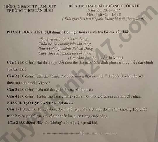 De thi ki 2 lop 8 mon Van 2022 - THCS Tan Binh