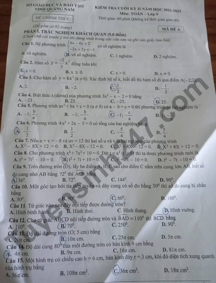 De thi ki 2 mon Toan 9 nam hoc 2021 - 2022 So GD va DT Quang Nam