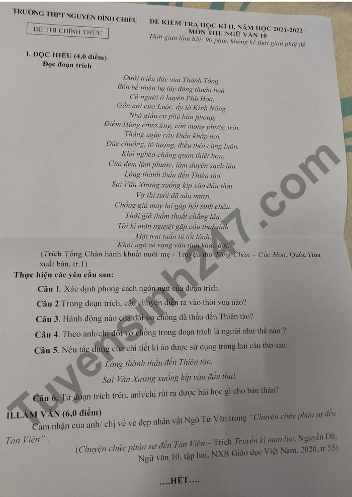 De thi ki 2 mon Van 10 - THPT Nuyen Dinh Chieu 2022