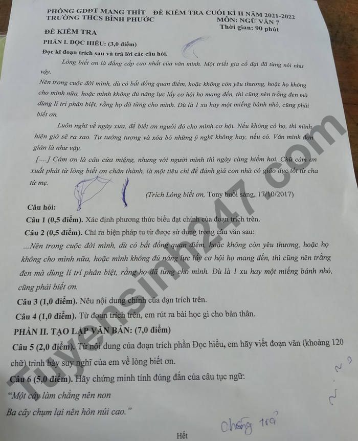 De thi ki 2 mon Van 7 nam hoc 2021 - 2022 THCS Binh Phuoc