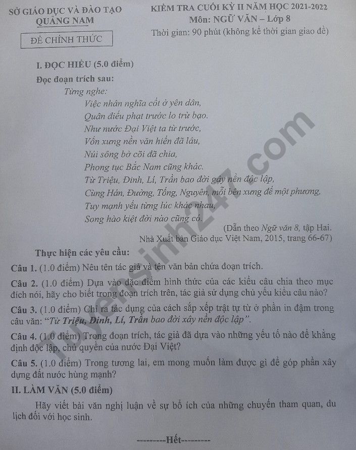 De kiem tra ki 2 mon Van lop 8 - So GD Quang Nam 2022