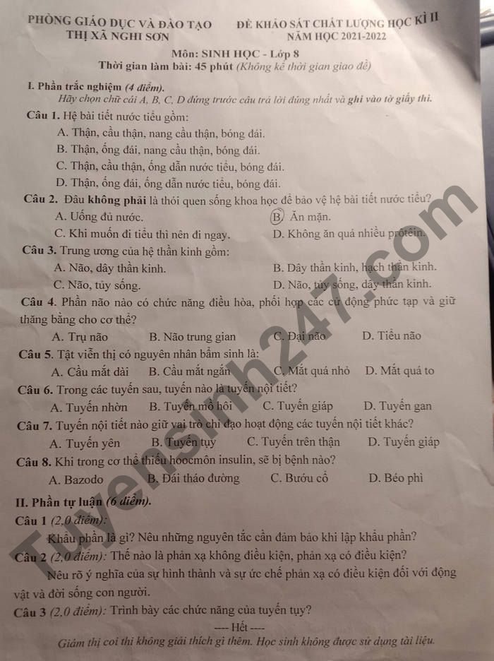 De thi ki 2 mon Sinh lop 8 nam hoc 2021-2022 - TX Nghi Son