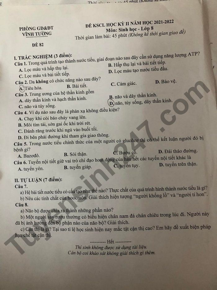 De thi ki 2 mon Sinh lop 8 - Phong GD va DT Vinh Tuong nam hoc 2021-2022