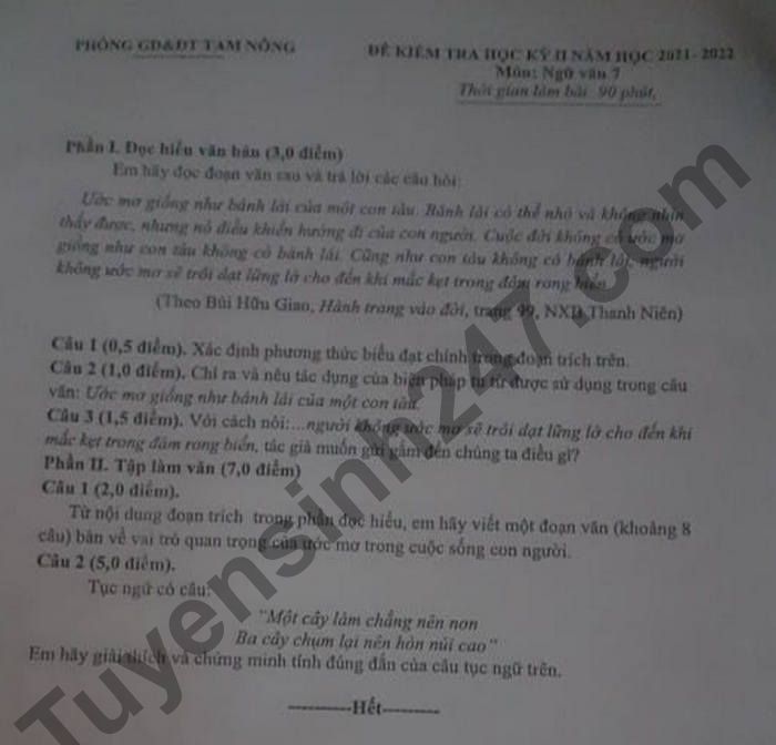 De thi ki 2 mon Van 7 Phong GD va DT Tam Nong 2022