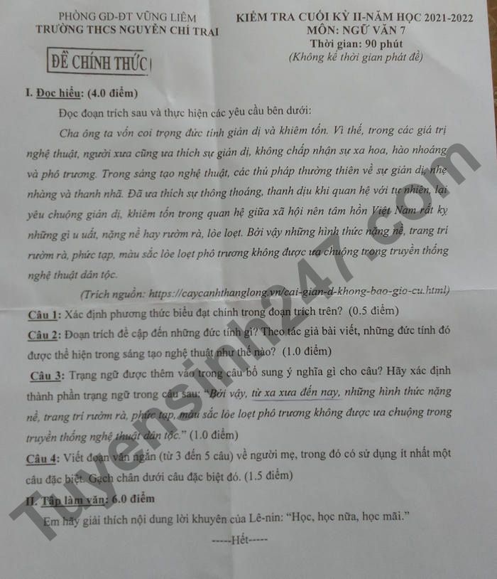 De thi ki 2 nam 2022 mon Van 7 THCS Nguyen Chi Trai