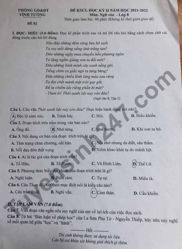 De thi ki 2 mon Van lop 8 - Phong GD va DT Vinh Tuong 2022