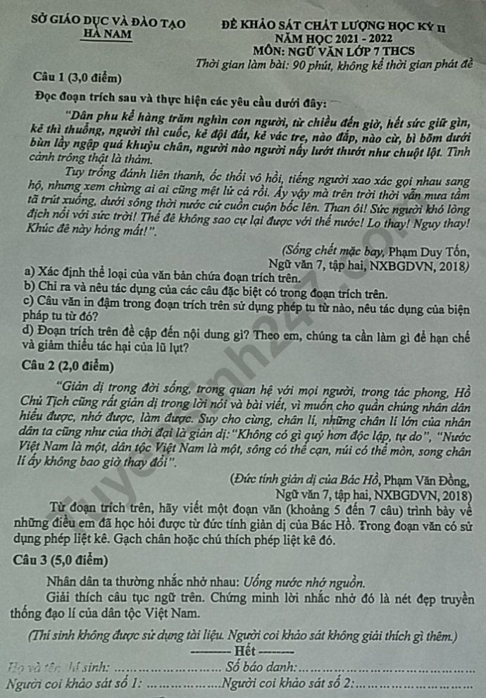 De thi hoc ki 2 nam 2022 lop 7 mon Van - So GD Ha Nam