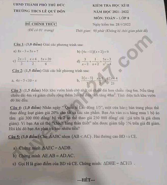 De thi ki 2 mon Toan lop 8 - THCS Le Quy Don 2022