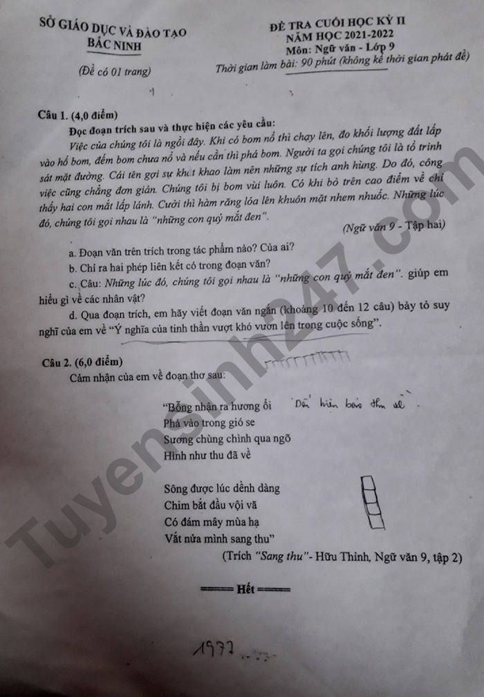 De thi ki 2 lop 9 mon Van So GD Bac Ninh 2022