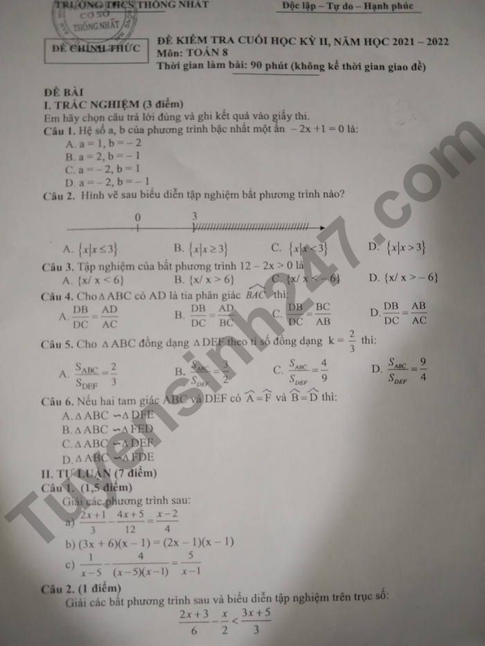 De thi ki 2 mon Toan lop 8 THCS Thong Nhat 2022