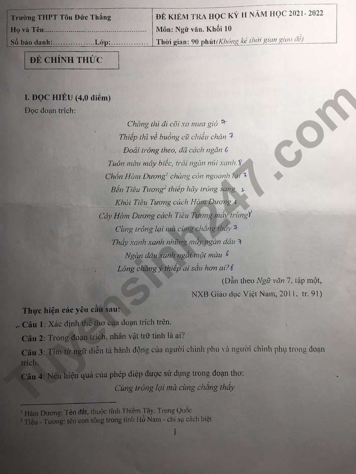 De thi ki 2 mon Van THPT Ton Duc Thang lop 10 2022