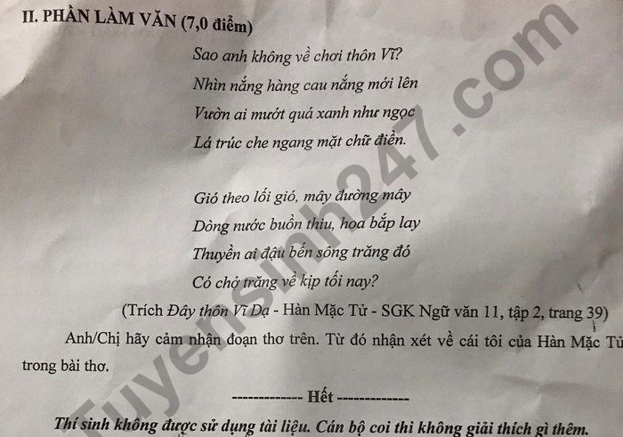 De thi ki 2 THPT Tam Dao II mon Van lop 11 2022