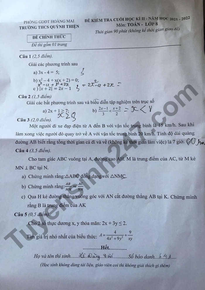 De thi ki 2 mon Toan lop 8 - THCS Quynh Thien 2022