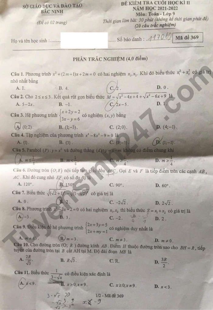 De thi ki 2 lop 9 mon Toan tinh Bac Ninh 2022