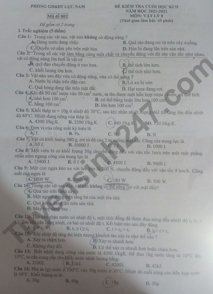 De thi ki 2 mon Li lop 8 Huyen Luc Nam 2022