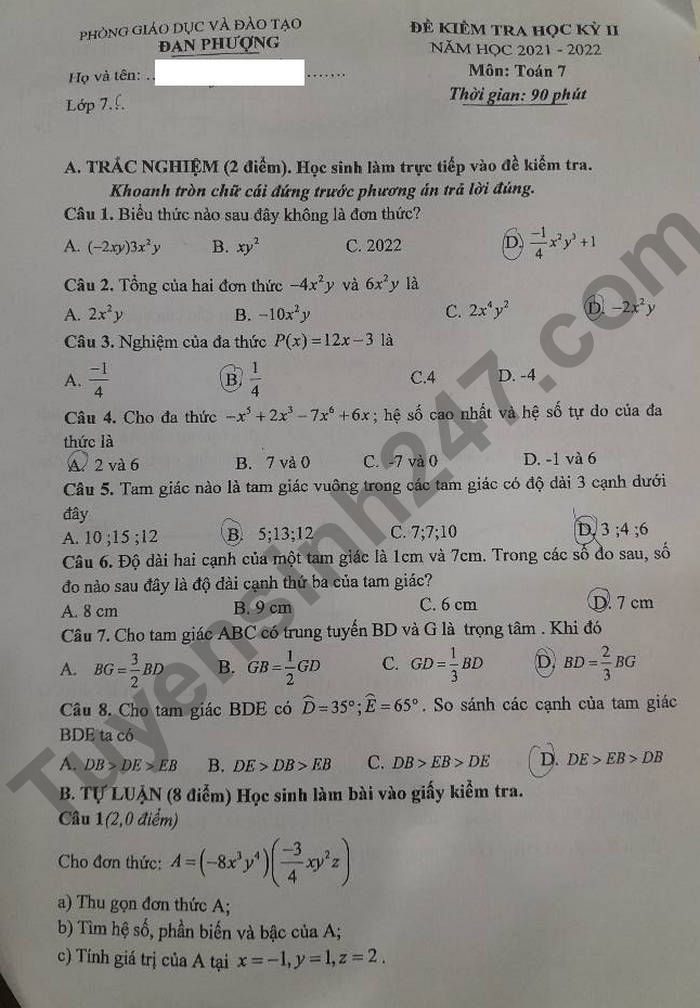 De thi ki 2 mon Toan 2022 Huyen Dan Phuong lop 7