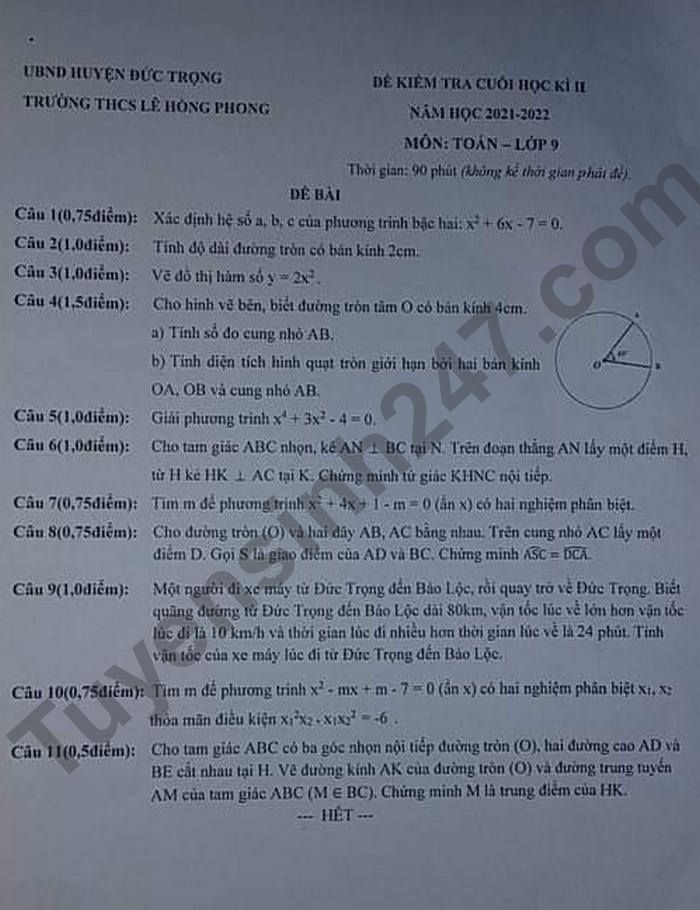De thi ki 2 mon Toan lop 9 THCS Le Hong Phong 2022