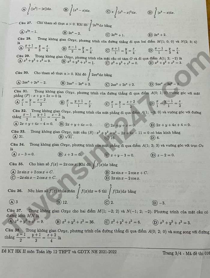 De thi ki 2 mon Toan tinh Dong Nai lop 12 2022