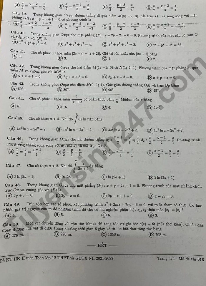 De thi ki 2 mon Toan tinh Dong Nai lop 12 2022