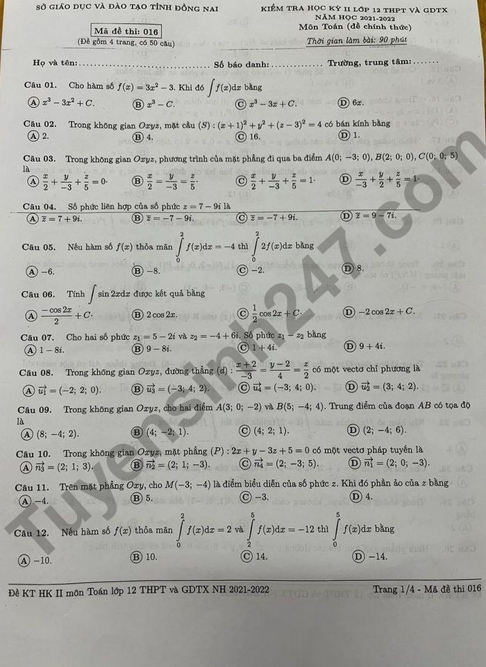 De thi ki 2 mon Toan tinh Dong Nai lop 12 2022