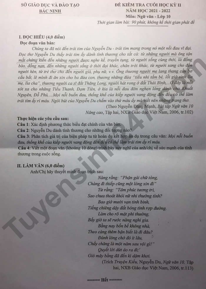 De thi ki 2 mon Van lop 10 tinh Bac Ninh 2022