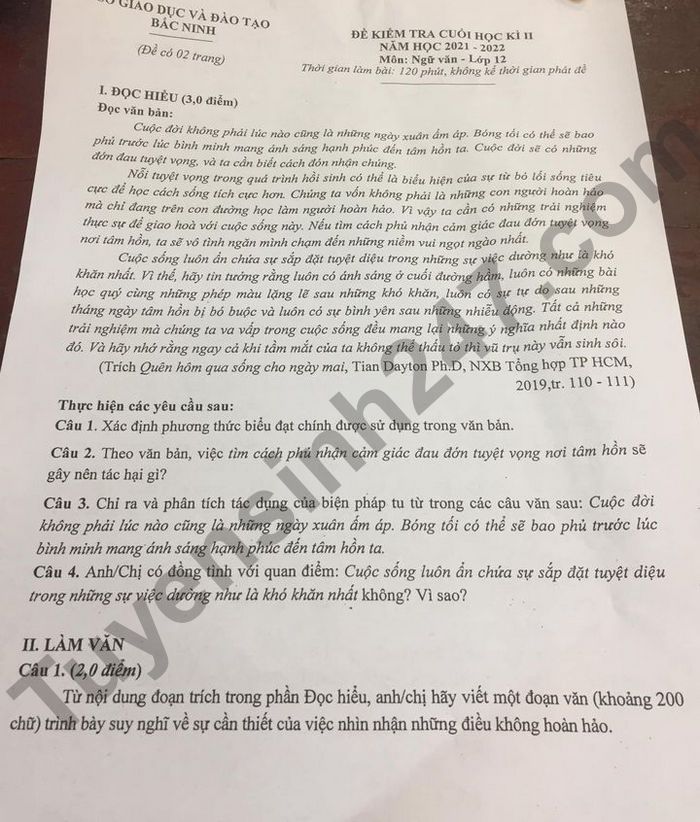 De thi ki 2 mon Van lop 12 tinh Bac Ninh 2022