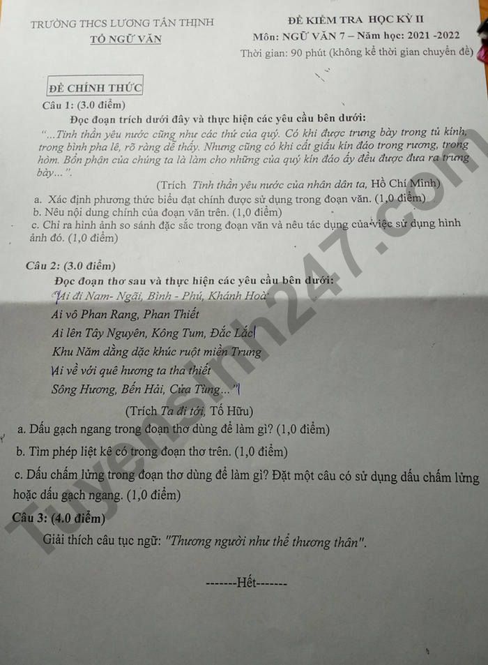 De thi ki 2 mon Van THCS Luong Tan Thinh lop 7 2022