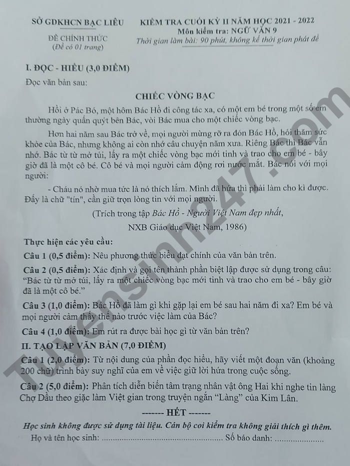De thi ki 2 mon Van 2022 So GD Bac Lieu lop 9