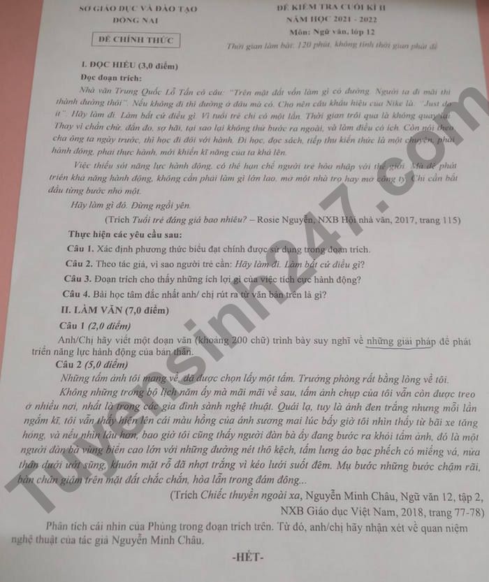 De thi ki 2 So GD Dong Nai 2022 mon Van lop 12