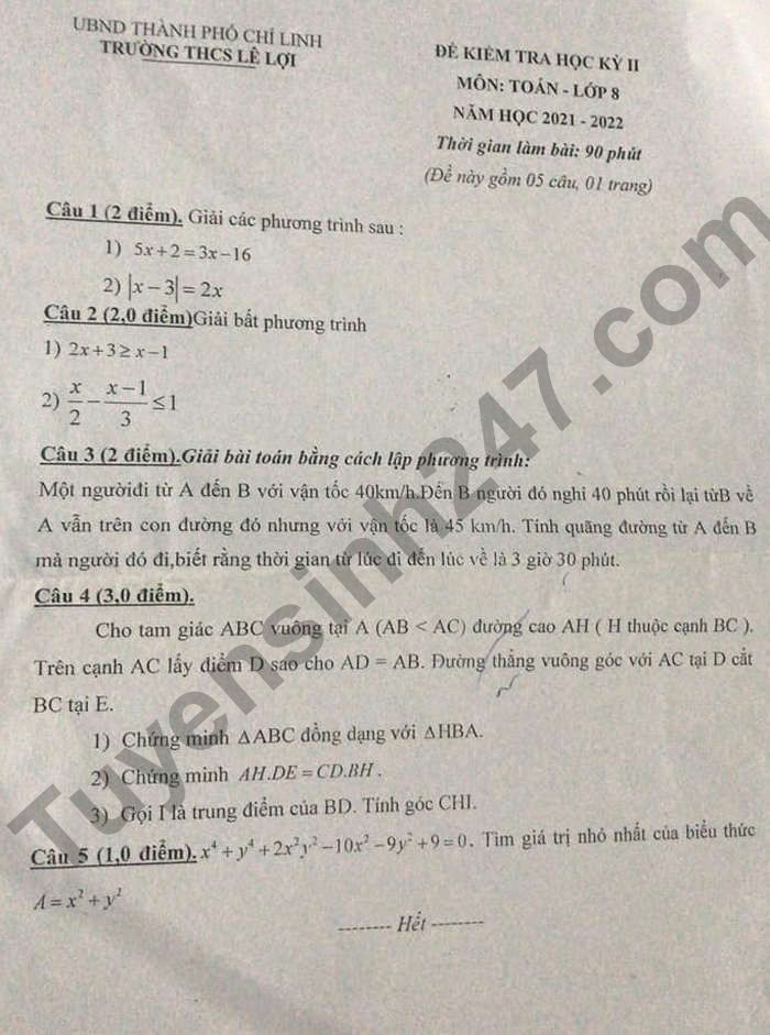 De thi ki 2 THCS Le Loi mon Toan lop 8 2022