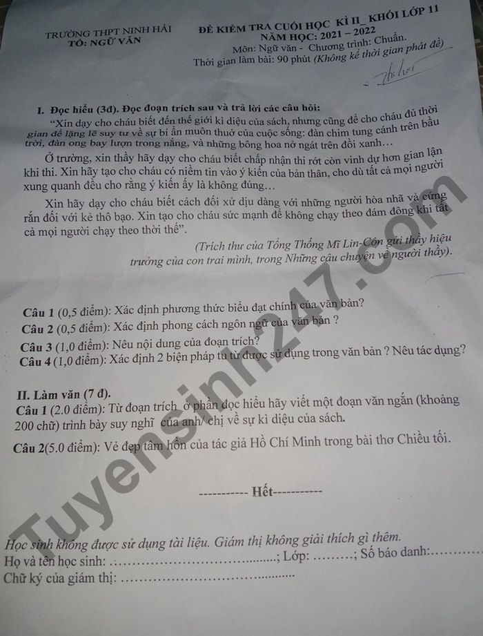 De thi hoc ki 2 nam 2022 THPT Ninh Hai mon Van lop 11